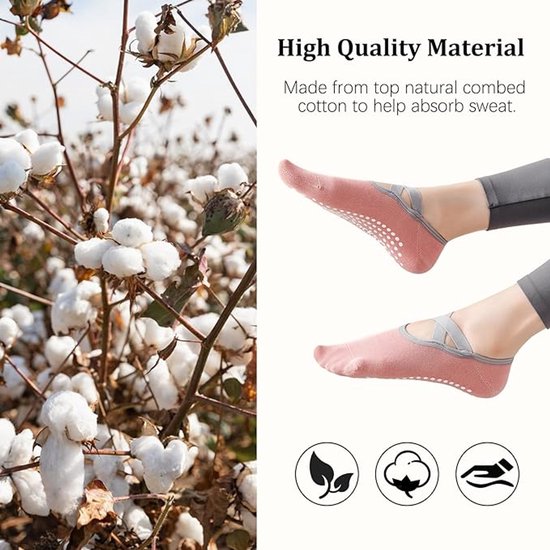 4 paar antislip yogasokken voor dames, katoenen pilatessokken, maten 36-39, met antislipbandjes, geschikt voor dans, ballet en fitness. van Merkloos — afbeelding 3