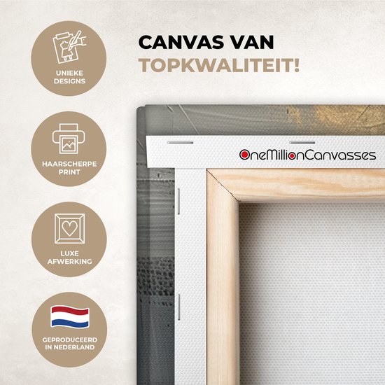 Detail van een canvas schilderij met de tekst "Canvas van topkwaliteit!" en kenmerken in het Nederlands.