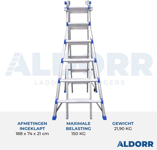 Ingeklapte aluminium ladder, afmetingen 188 x 74 x 21 cm, maximale belasting 150 kg, gewicht 21,90 kg.