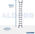 Uitschuifbare aluminium ladder in rechte stand, maximale hoogte 630 cm en maximale werkhoogte 700 cm.