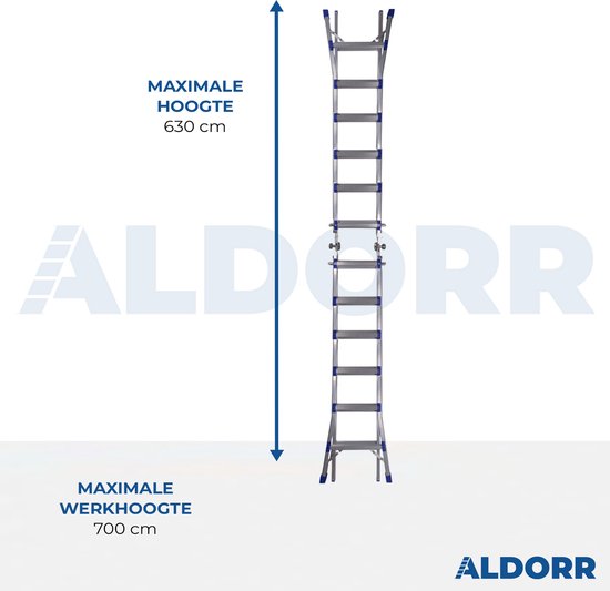 Uitschuifbare aluminium ladder in rechte stand, maximale hoogte 630 cm en maximale werkhoogte 700 cm.