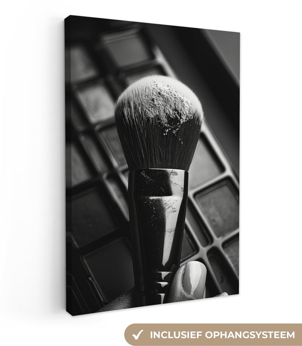 Canvas schilderij 40x60 cm - Wanddecoratie badkamer Make-up borstel - Vintage - Zwart wit