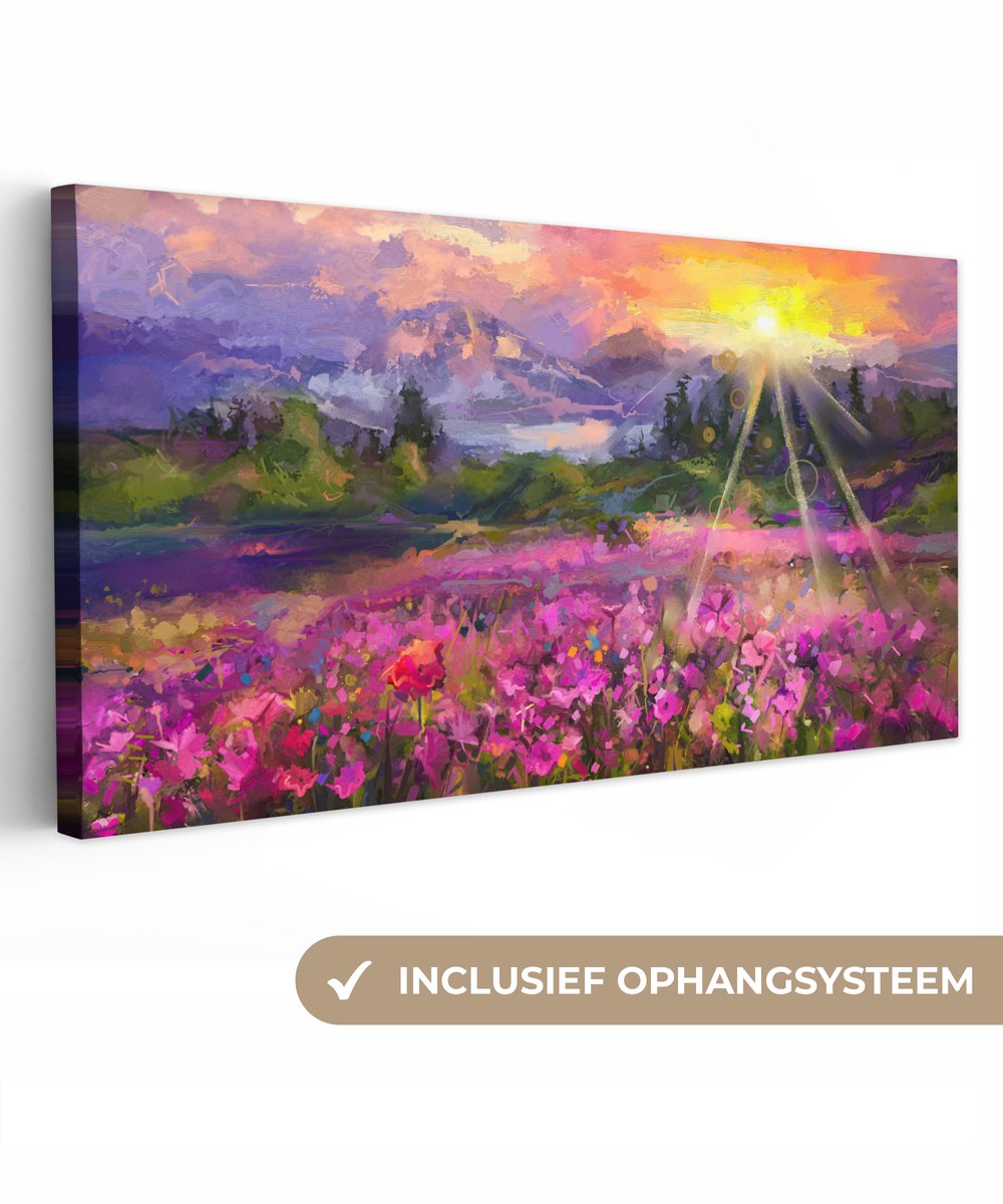 Canvas - Schilderij - Olieverf - Bloemen - Zon - Natuur - 80x40 cm - Schilderijen op canvas - Wanddecoratie