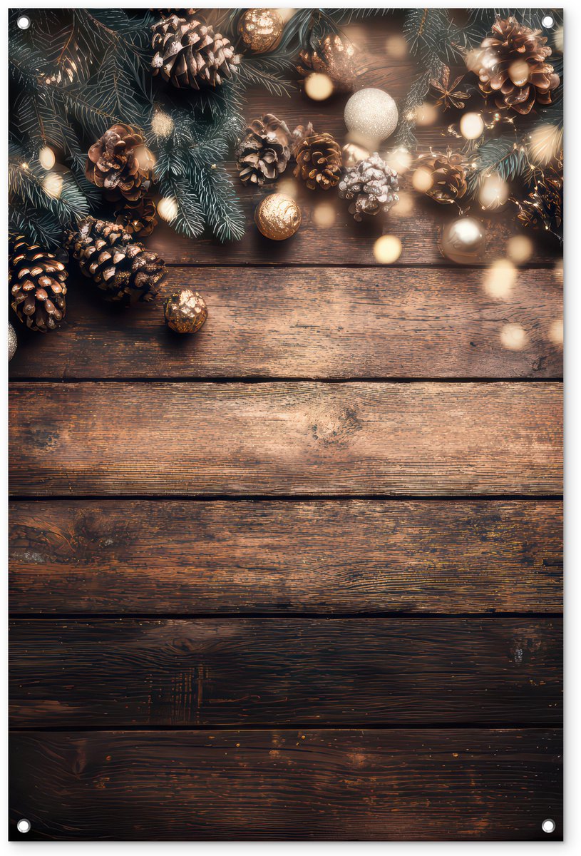 Tuinposter 80x120 cm - Tuindecoratie Kerstdecoratie - Houten - Dennenappel - Bruin - Poster voor in de tuin - Buiten decoratie - Schutting tuinschilderij - Tuindoek muurdecoratie - Wanddecoratie balkondoek Tuinposter 80x120 cm met houten dennenappel kerstdecoratie in bruin voor buiten als tuindecoratie.