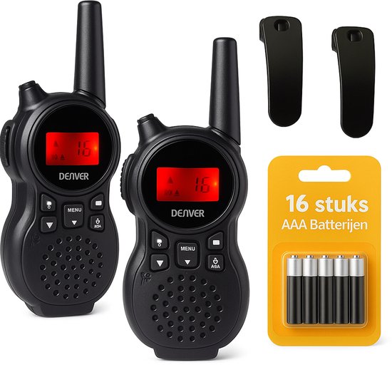 Denver – Walkie Talkie + 16 Pack AAA Batterijen – Portofoon Set – Noodpakket – 5 km Bereik – Voor Kinderen & Volwassenen