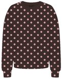 Bruine sweater met roze polkadots.