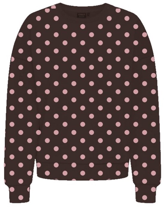 Bruine sweater met roze polkadots.