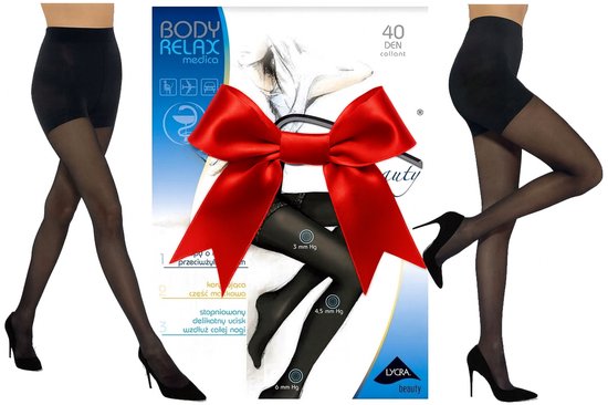 Collage van drie afbeeldingen: twee van zwarte panty's en één verpakking met rode strik.