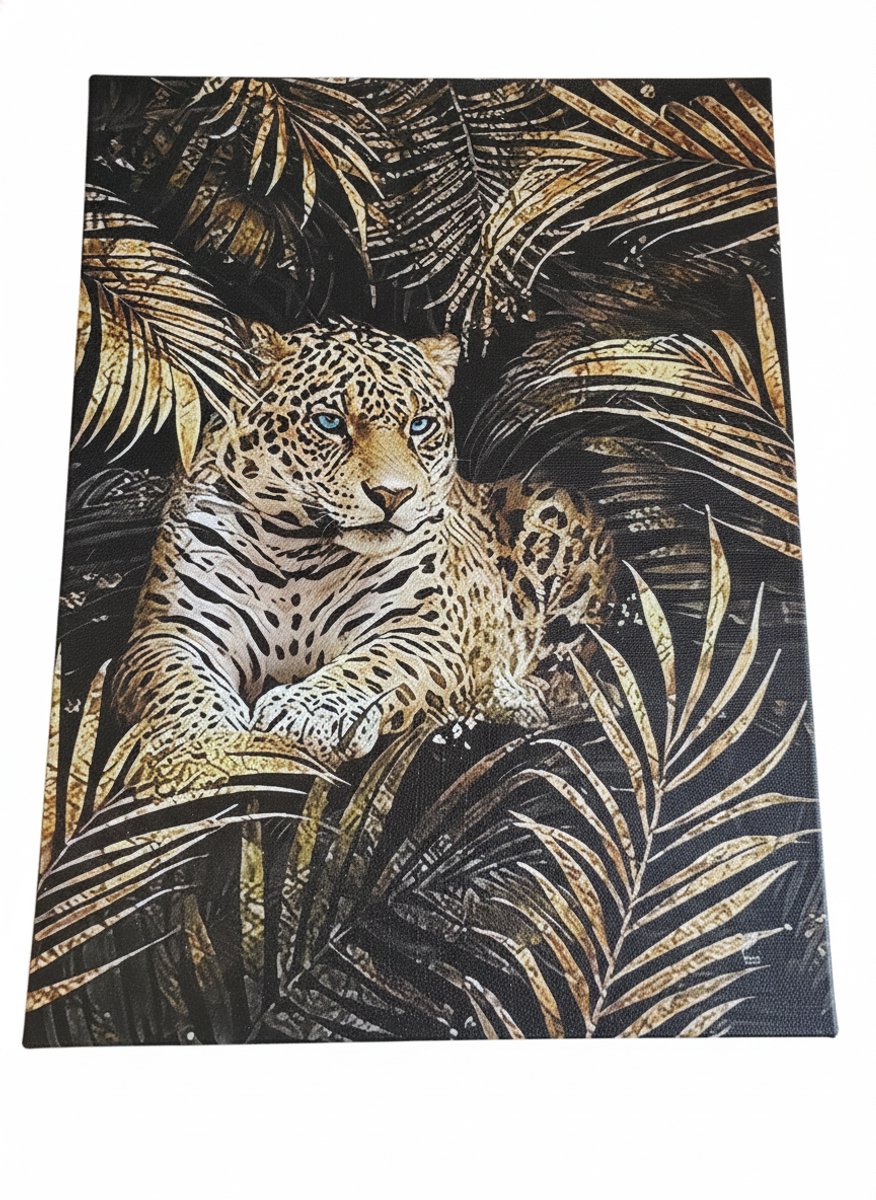 Eviva Home Deco Luxe Poster Luipaard in Zwart-Gouden Jungle - Botanische Dierenprint - Elegante Wanddecoratie