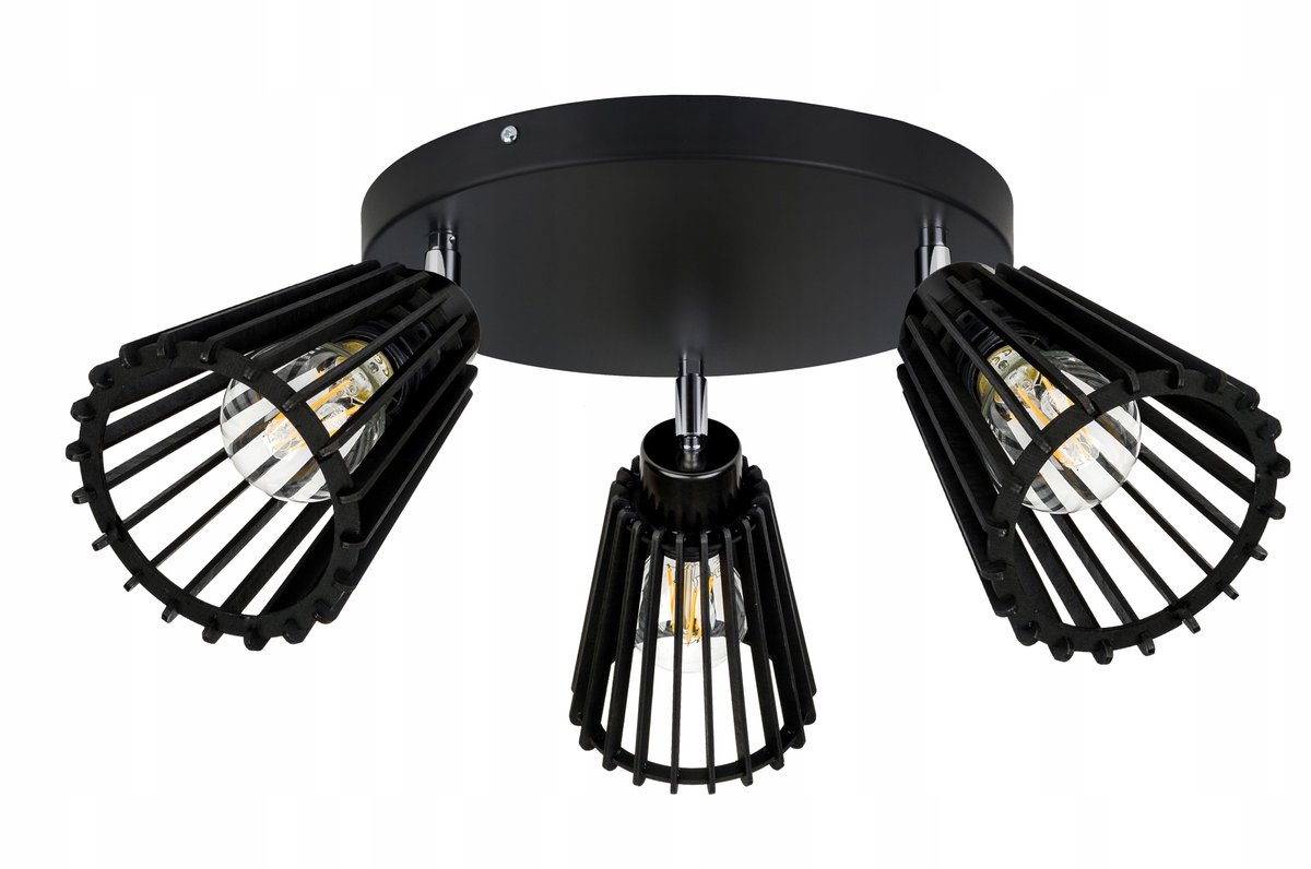 Zwarte Plafondlamp met Houten Piramide Kappen - 3xE27