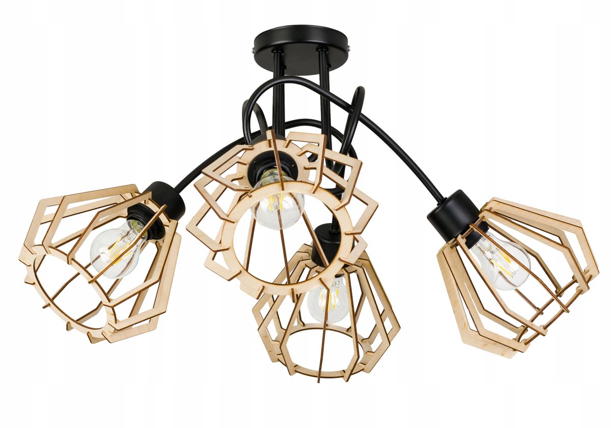 Hanglamp Loft Hout 4xE27 Zwart - Stijlvolle Industriële Verlichting