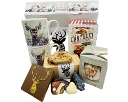 Cho-lala Kerstmis geschenkset Rudolph - kerstpakket - chocolade cadeau - doosje chocolade kerstbonbons en chocolade - chocolade tablet Rudolph - cantucci cioccolato in kerstbox - 2x kerstmok Rudolph - kerstbal sneeuwhert - kaart - 7-delig