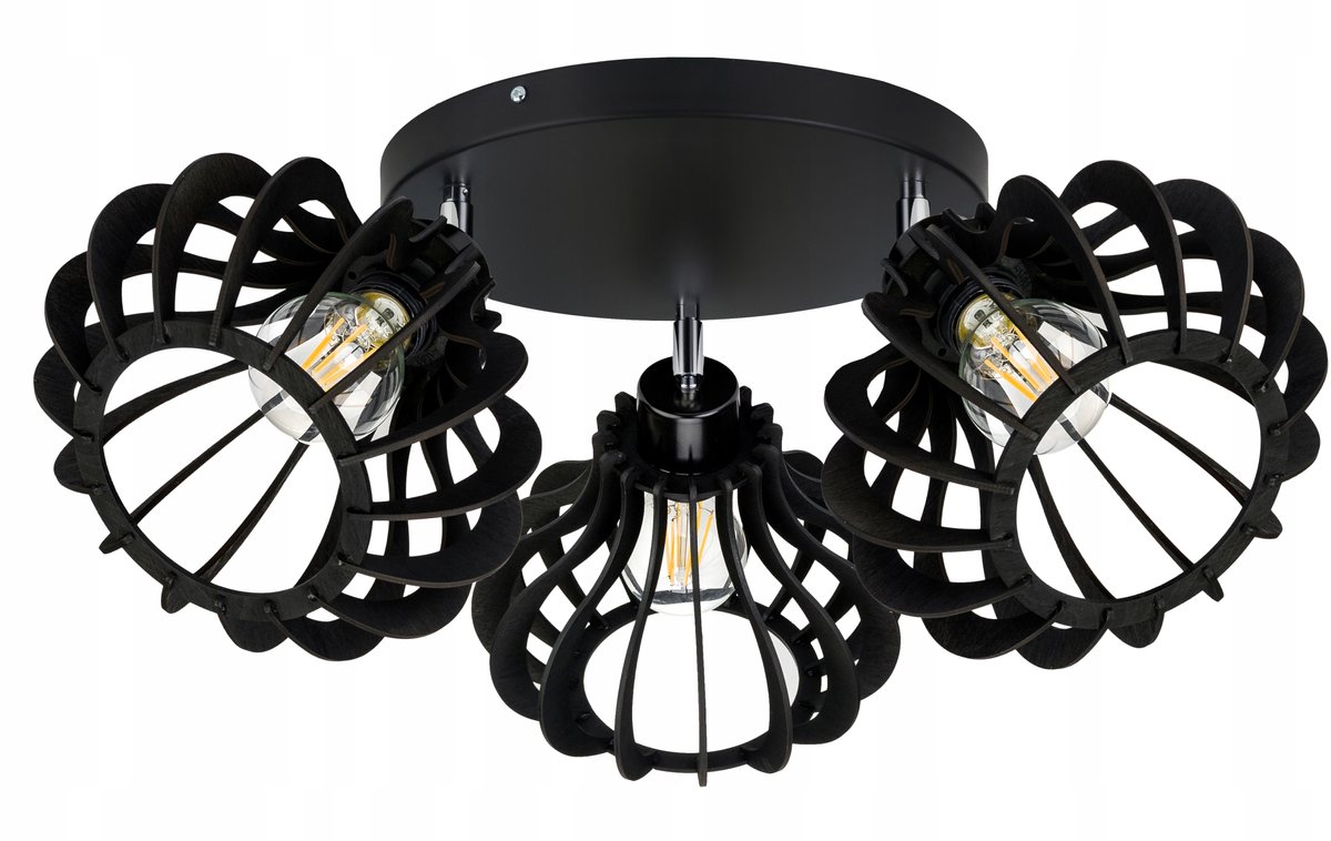 Loft Plafond Lamp Zwart Hout, 3x E27, Verstelbaar