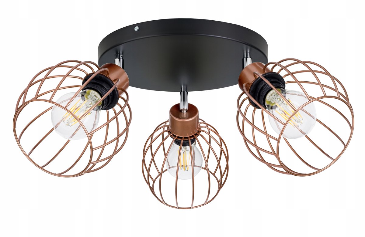 Loft Plafondlamp Draadbol 3xE27 Zwart Koper