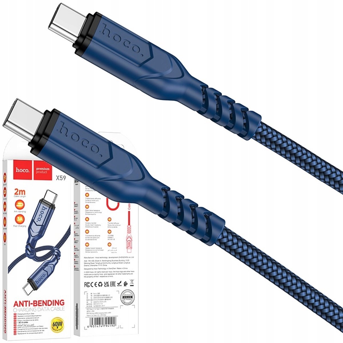 Hoco X59 Victory USB-C naar USB-C Kabel 2M 60W PD Quick Charge Blauw