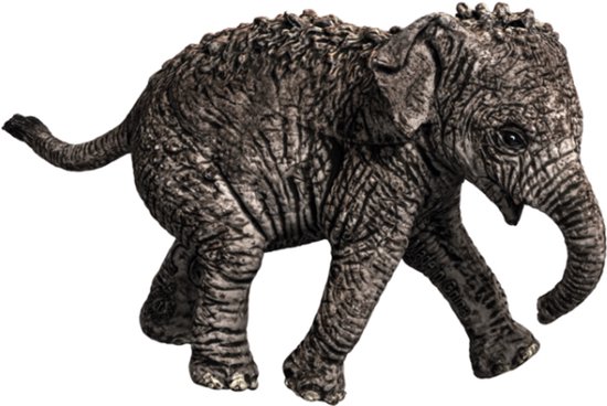 Grijze, gedetailleerde olifant met slurf omhoog.