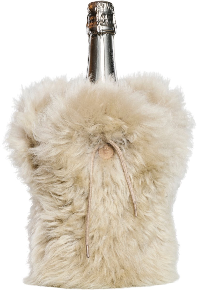 Kywie® champagnekoeler van schapenvacht – wijnkoeler - 100% natuurlijk – 0,75l – temperatuurbehoudend - geschikt voor champagne, wijn, bourgogne, waterflessen - Fluffy Stone
