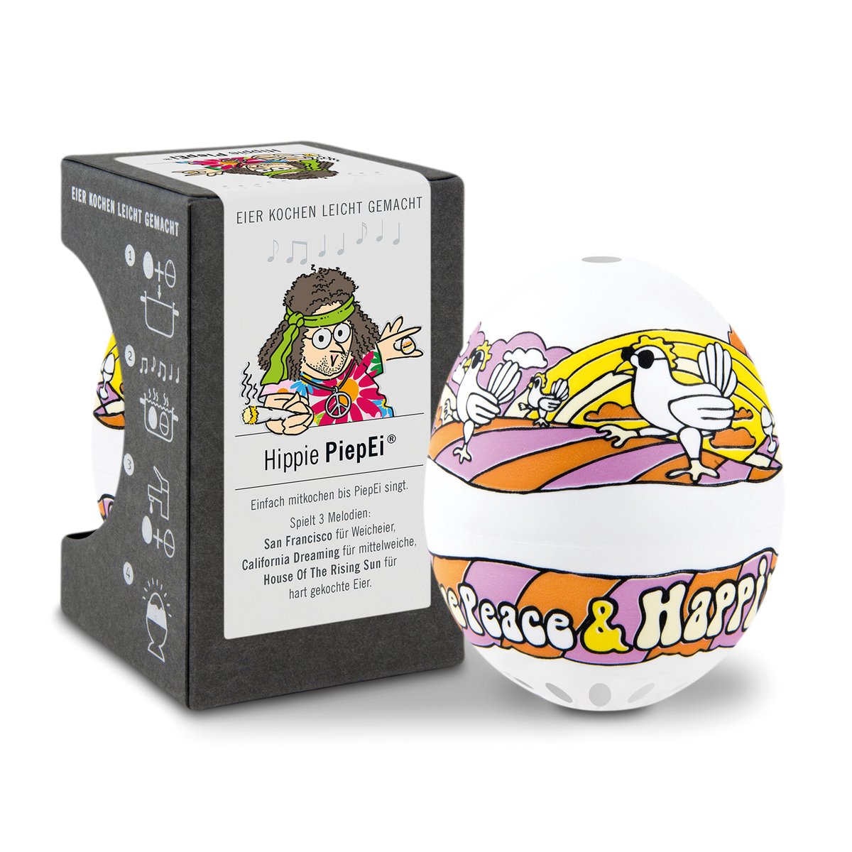 PiepEi Hippie, kookwekker, meet tijd en temperatuur, speelt melodietjes als het ei klaar is, gemaakt in Duitsland