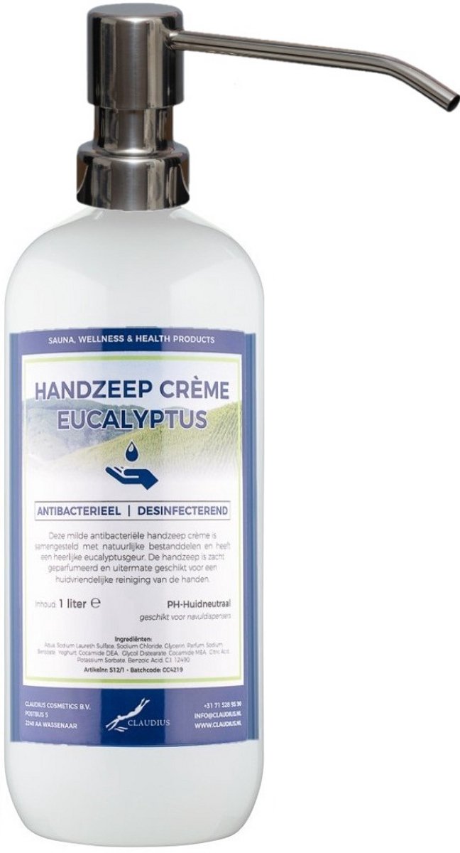 Handzeep Crème Eucalyptus 1 liter - met gratis RVS zilverkleurige pomp