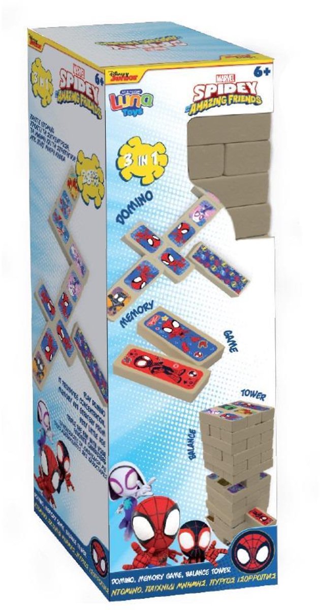 Spider-Man Spider 3-in-1 Spelset – Domino + Memory + Balansspel met 48 Blocks – Kinderspel Superhelden