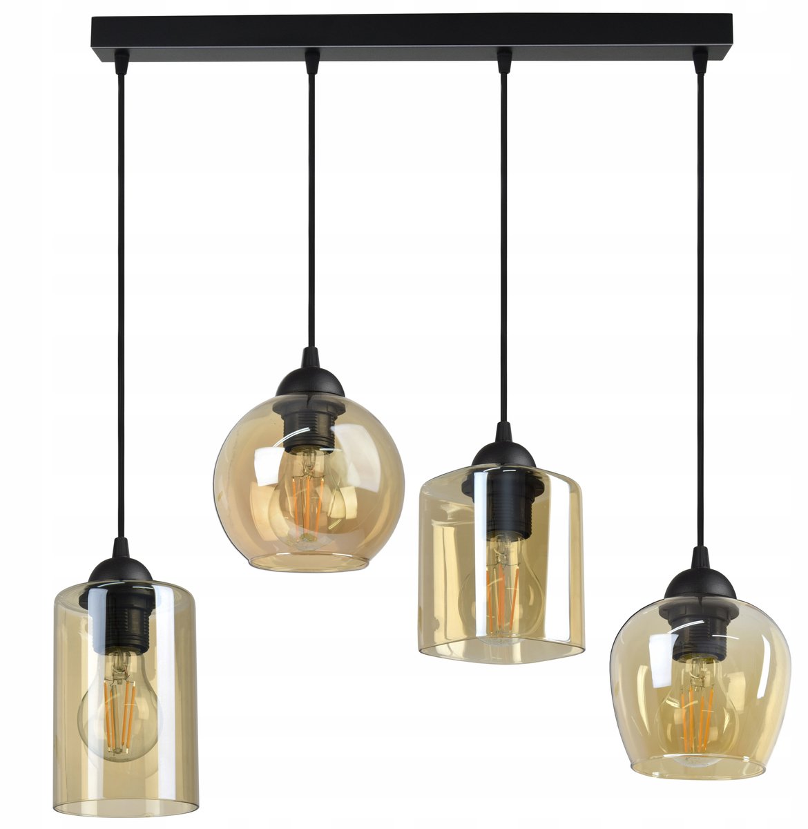 Luxe Glazen Hanglamp met 4 Unieke Kappen - Zwart Mat