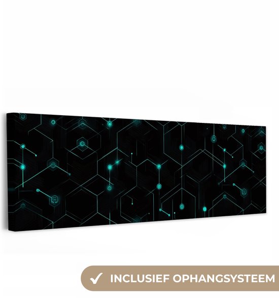 Liggend canvas met abstract zwart-blauw technologisch patroon, inclusief tekst: INCLUSIEF OPHANGSYSTEEM.