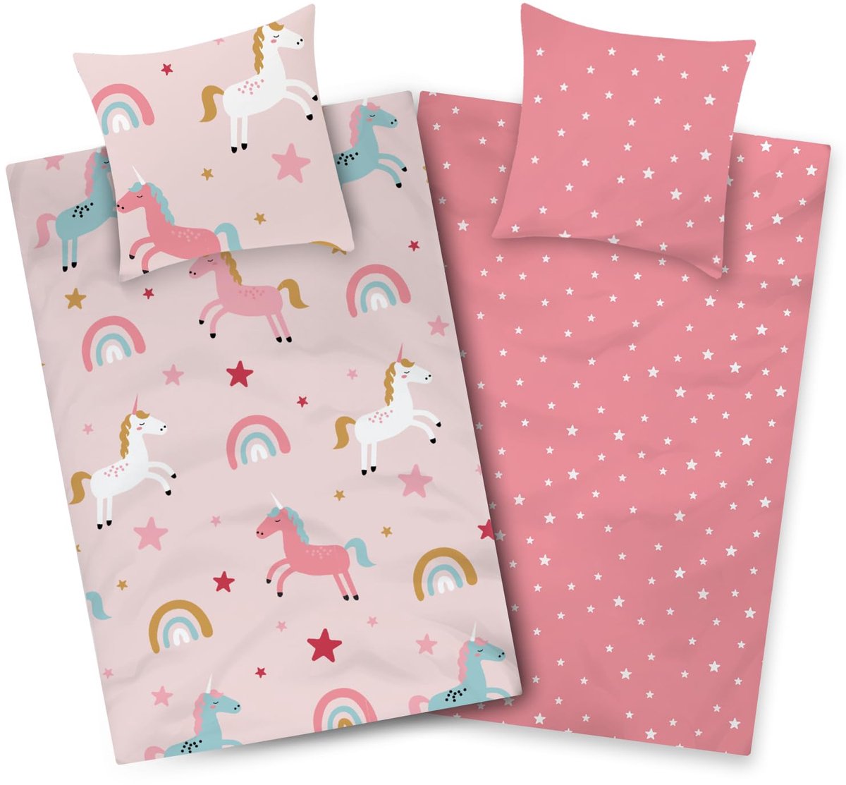 Unyqoos Roze eenhoorn beddengoedset voor kinderen met regenboogmotief en ritssluiting