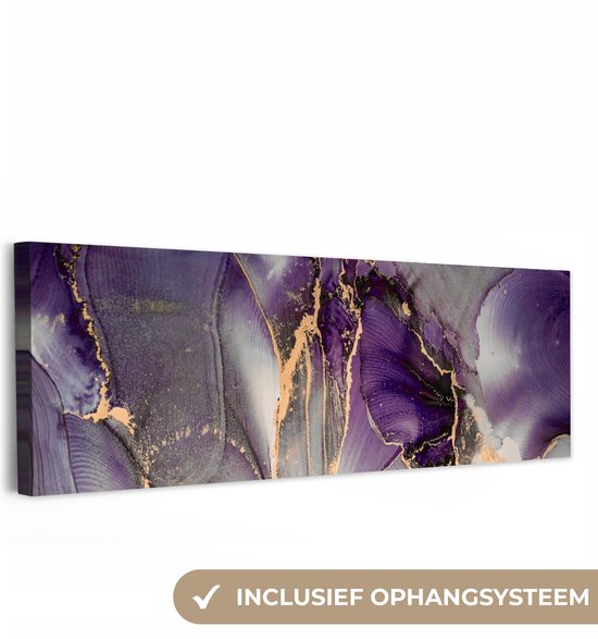 Canvas schilderij 150x50 cm - Wanddecoratie Goud - Paars - Marmer - Muurdecoratie woonkamer - Slaapkamer decoratie - Kamer accessoires - Schilderijen op canvas