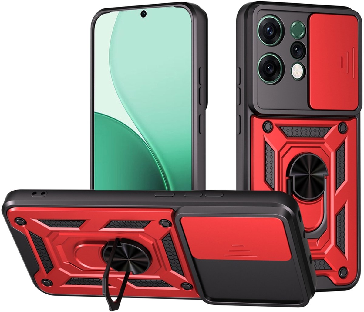 MobyDefend Hoesje - Geschikt voor Oppo Reno14 - Pantsercase Met Draaibare Ring - Rood