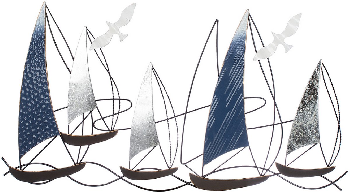 Muurdecoratie sailing reliëf 4x91x49 cm - metaal - blauw zilver schilderij met vogels