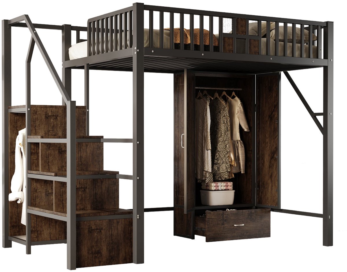 Merax Hoogslaper 140x200 cm met Kledingkast - Metalen Bed met Opbergruimte en Lade - Industriële Stijl - Zwart met Bruin