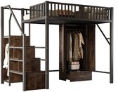 Lit mezzanine Merax - 140 x 200 cm - Lit en bois et métal - Avec escalier, placard, armoire et tiroir - Style industriel - Zwart