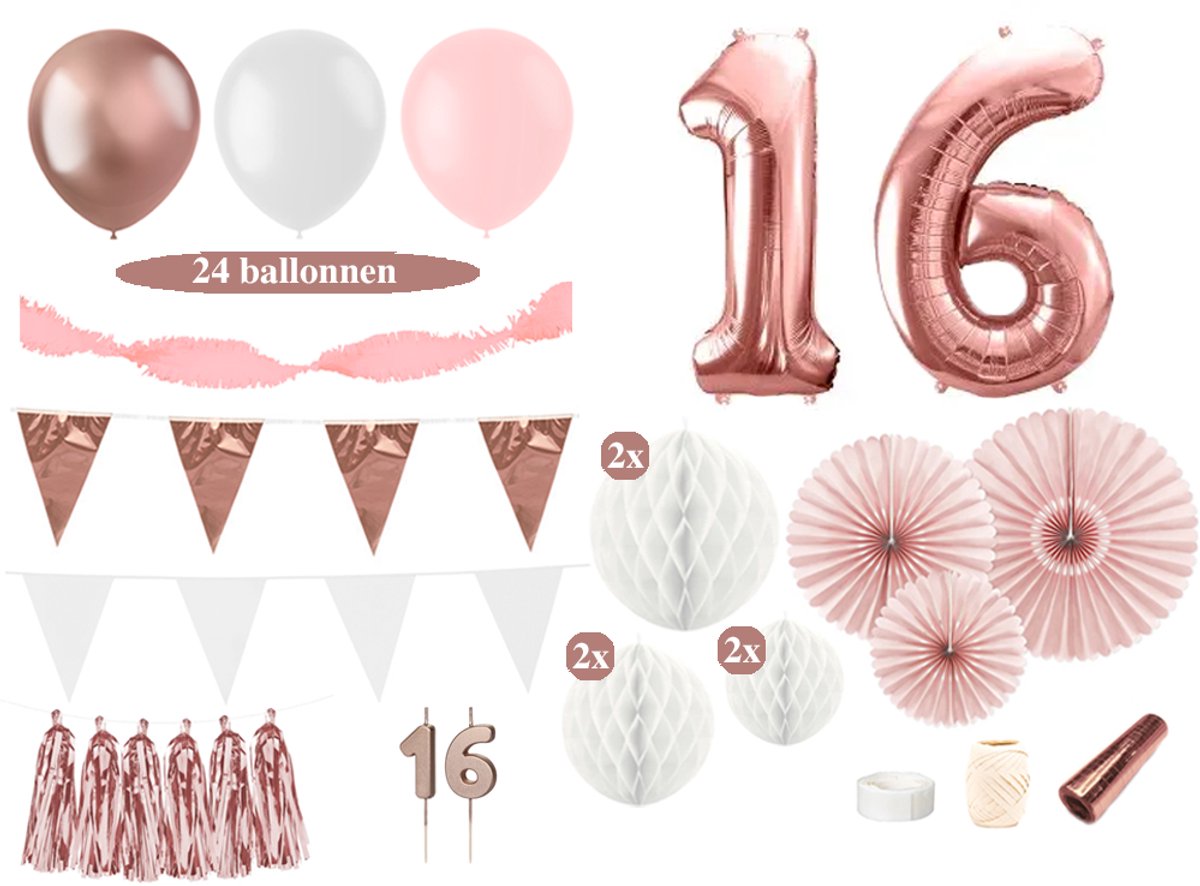 Feest zonder Fratsen - Sweet 16 versiering - Rose goud en wit - Ballonnen en slingers