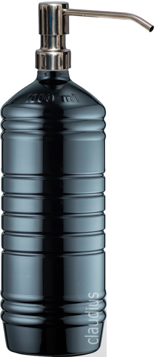 Lege Plastic Fles 1 liter PET zwart - met luxe RVS zilverkleurige pomp - set van 5 stuks - Navulbaar - Leeg