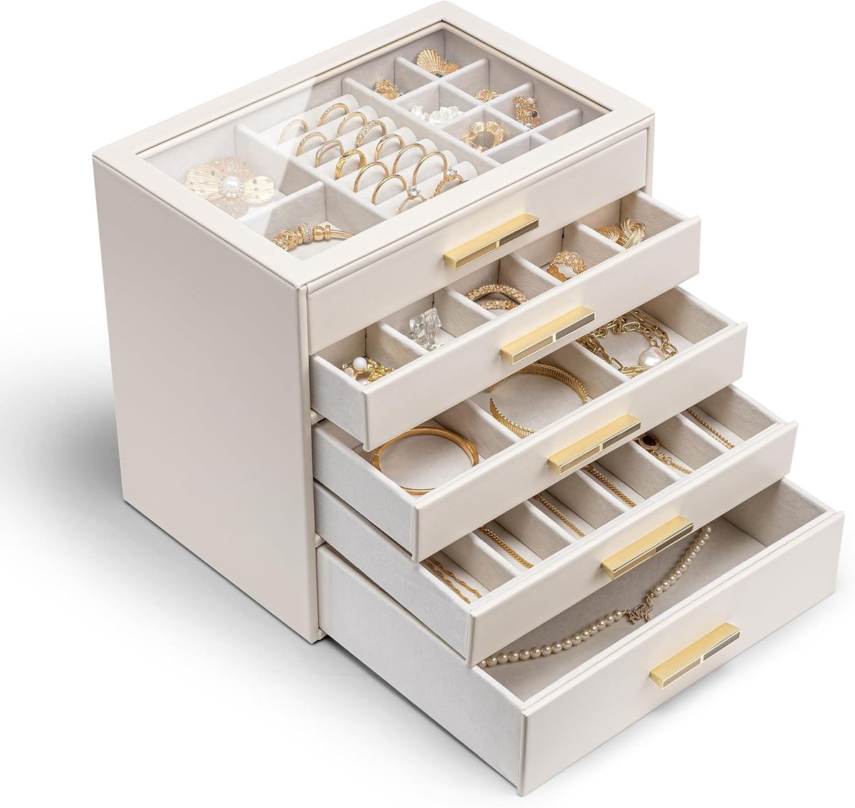 Groot Sieradendoos met 5 Niveaus en Glazen Deksel - Modern Beige Sieradenopbergdoos