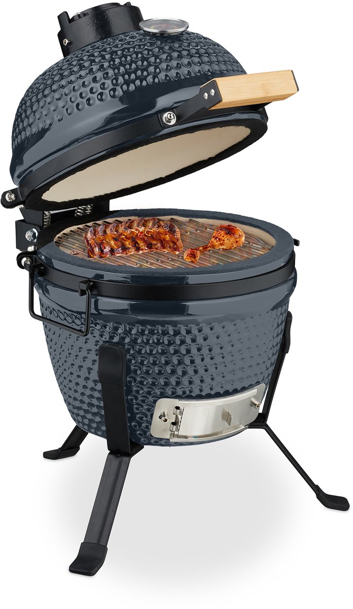 Kamado barbecue - Ø 26 cm - keramisch - met thermometer - deksel - grijs