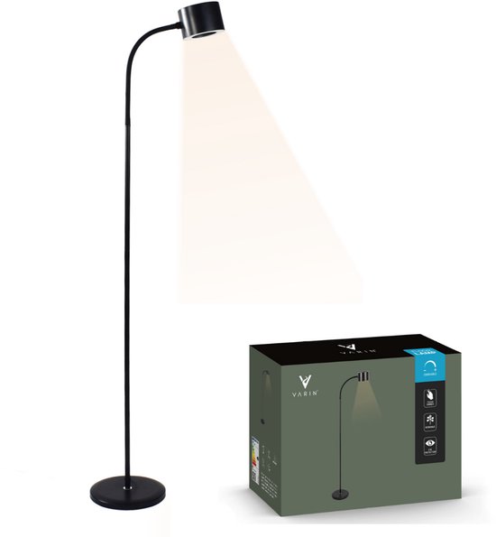 Foto: Varin design led leeslamp zwart dimbaar 3 kleurtinten 10w eq 75w 800 lumen vloerlamp woonkamer staande lamp slaapkamer modern industrieel lampen instelbaar touchknop flexibele hals daglichtlamp design vloerlampen