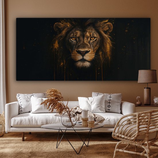 Canvas schilderij 200x100 cm - Exclusieve wanddecoratie Leeuw - Goud - Druppels - Muurdecoratie woonkamer - Slaapkamer decoratie - Kamer accessoires - Schilderijen op canvas