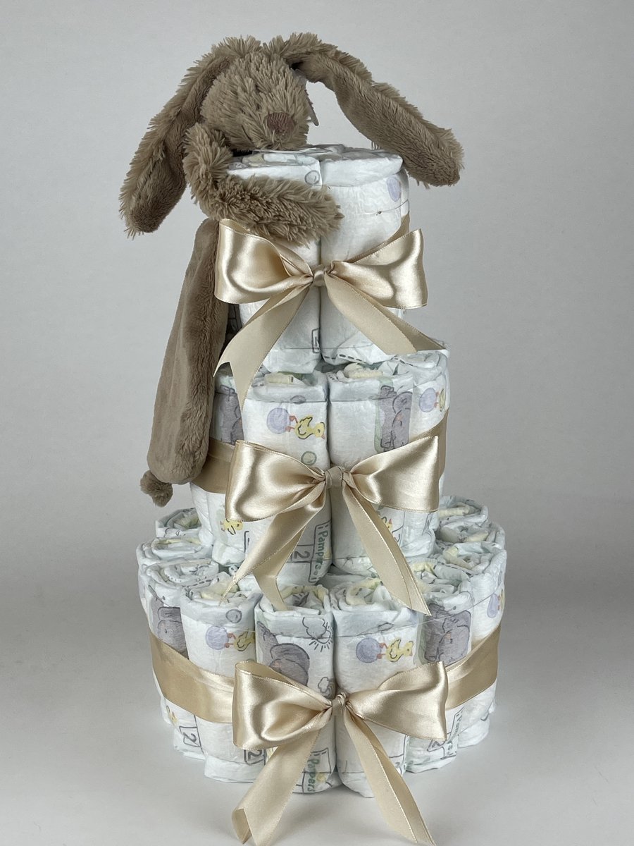 Chouette-Chouette | Luiertaart Neutraal | Kraamcadeau | Geboorte Jongen Meisje | Babyshower | Tuttle Konijn Richie Clay bruin - Beige