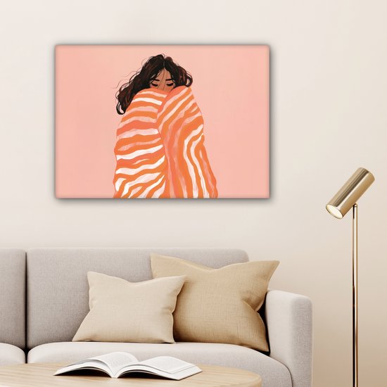 Canvas schilderij 80x60 cm - Exclusieve wanddecoratie Meisje - Deken - Gestreept - Oranje - Muurdecoratie woonkamer - Slaapkamer decoratie - Kamer accessoires - Schilderijen op canvas