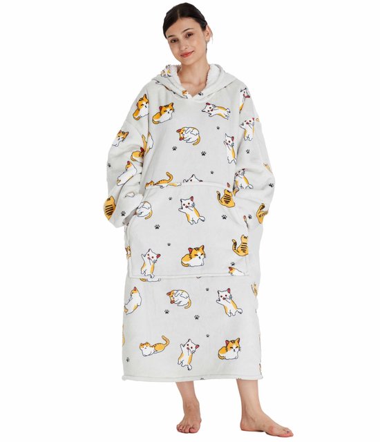 Q-Living Hoodie Deken - Extra Lang & Dik - Oversized Hoodie - Plaid Met Mouwen - Snuggle Hoodie - Fleece Deken Met Mouwen - 2000 gram - Kat Extra Lang