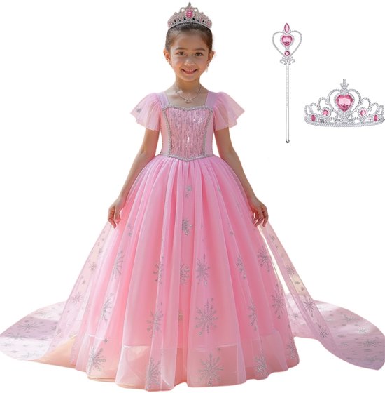 Joya Kids® Elsa Jurk | Luxe Verkleedjurk | Prinsessenjurk Meisje | Verkleedkleren Meisje | Prinsessen Verkleedkleding | Carnavalskleding Kinderen | Roze | Maat 130 | Cadeau Meisje Sinterklaas