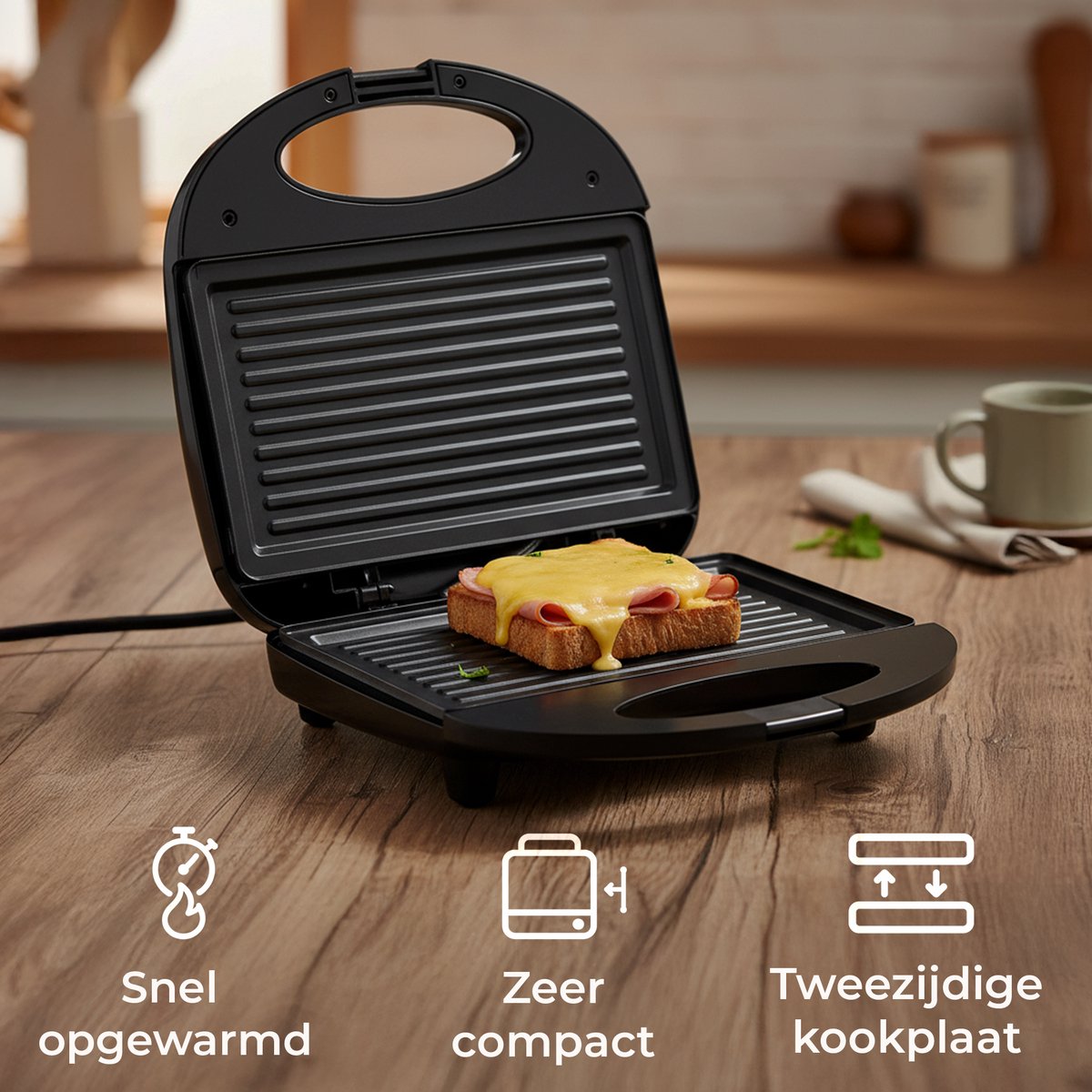 CasaCucina Tosti Apparaat - Panini Grill - 750W - 21.5cm x 12.5cm - PFAS Vrij - Zwart thumbnail 5
