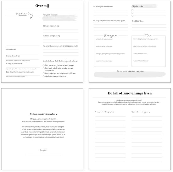 Open vriendenboek op een rieten stoel, toont secties 'Over mij', 'Vragen', 'Nu', 'Welkom in mijn vriendenboek' en 'De hall of fame van mijn leven'.