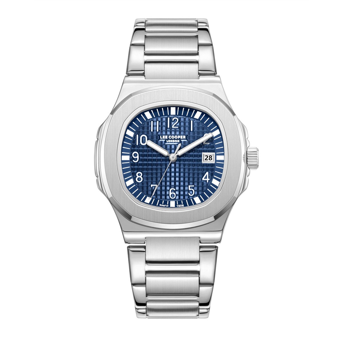 Lee Cooper LC08259.390 - Horloge - Polshorloge - Analoog - Heren - Mannen - Stalen band - Metaal - Datumaanduiding - Vierkant - Rond - Vierkantjes - Strepen - Cijfers - Zilverkleurig - Donkerblauw - Wit - Zwart