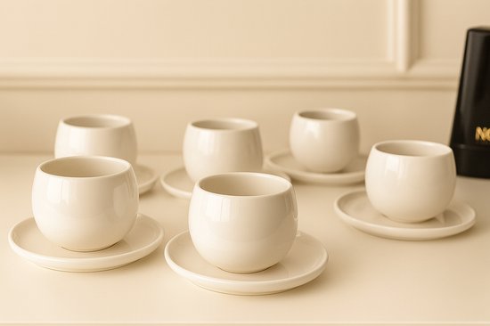Mevaz Set van 6 Koffiekopjes met Schotels – Wit Porselein – Espresso & Cappuccino Kopjes – Stijlvol Servies – Tijdloos Ontwerp – Vaatwasmachinebestendig 175ml