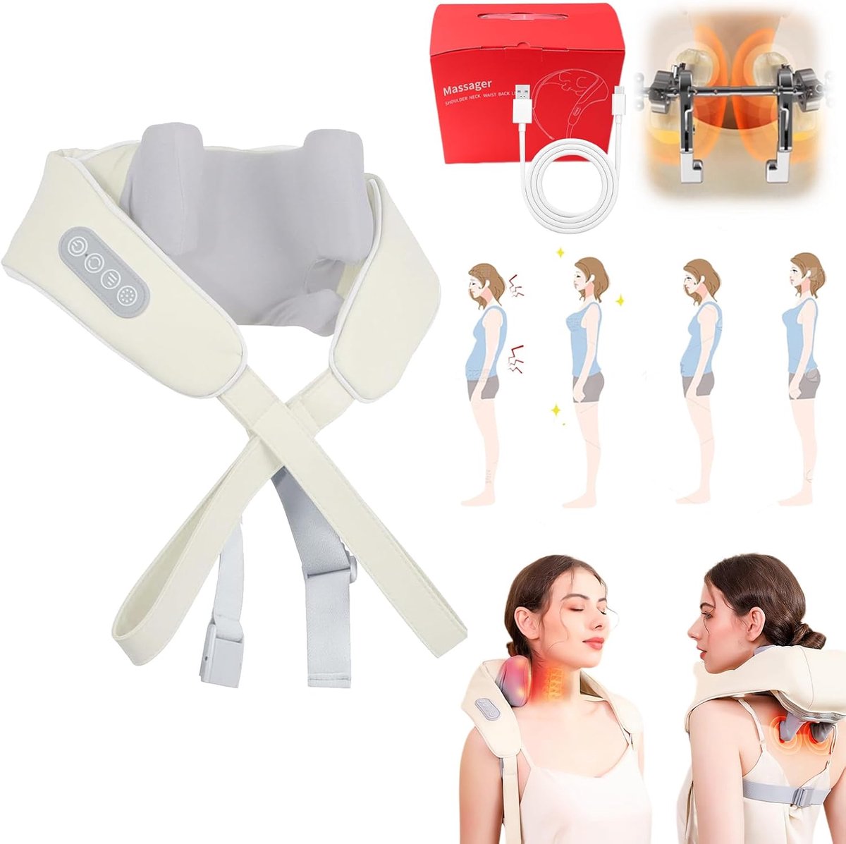 Draadloos Nek - en Schoudermassageapparaat met Warmte - 6D Diepteweefsel Shiatsu voor Spierpijn - Perfect voor Thuis, Kantoor en Auto - gebroken wit
