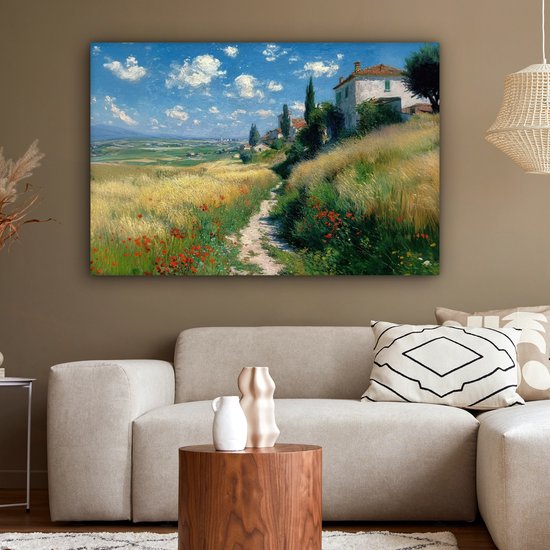 Tableau sur toile 120x80 cm - Décoration murale Chemin de sable - Maison - Arbres - Pelouse - Décoration murale salon - Décoration chambre - Accessoires chambre - Peintures sur toile