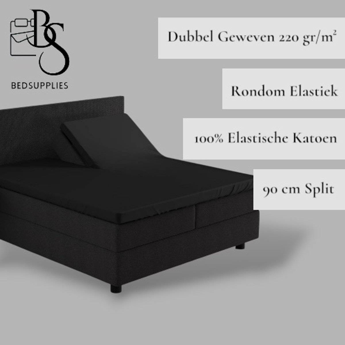 Bedsupplies - Luxe Dubbel Geweven Jersey Splittopper Hoeslaken - 180x200/220 - Zwart