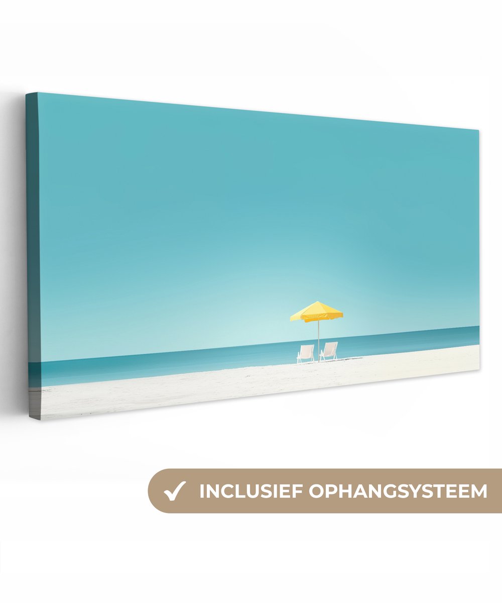 Canvas schilderij 40x20 cm - Exclusieve wanddecoratie Strand - Blauwe lucht - Geel - Paras